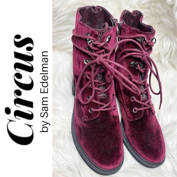 CIRCUS BY SAM EDELMAN Dawson Red Velvet Studded Combat Boot, Size 7 - Picture 2 of 14